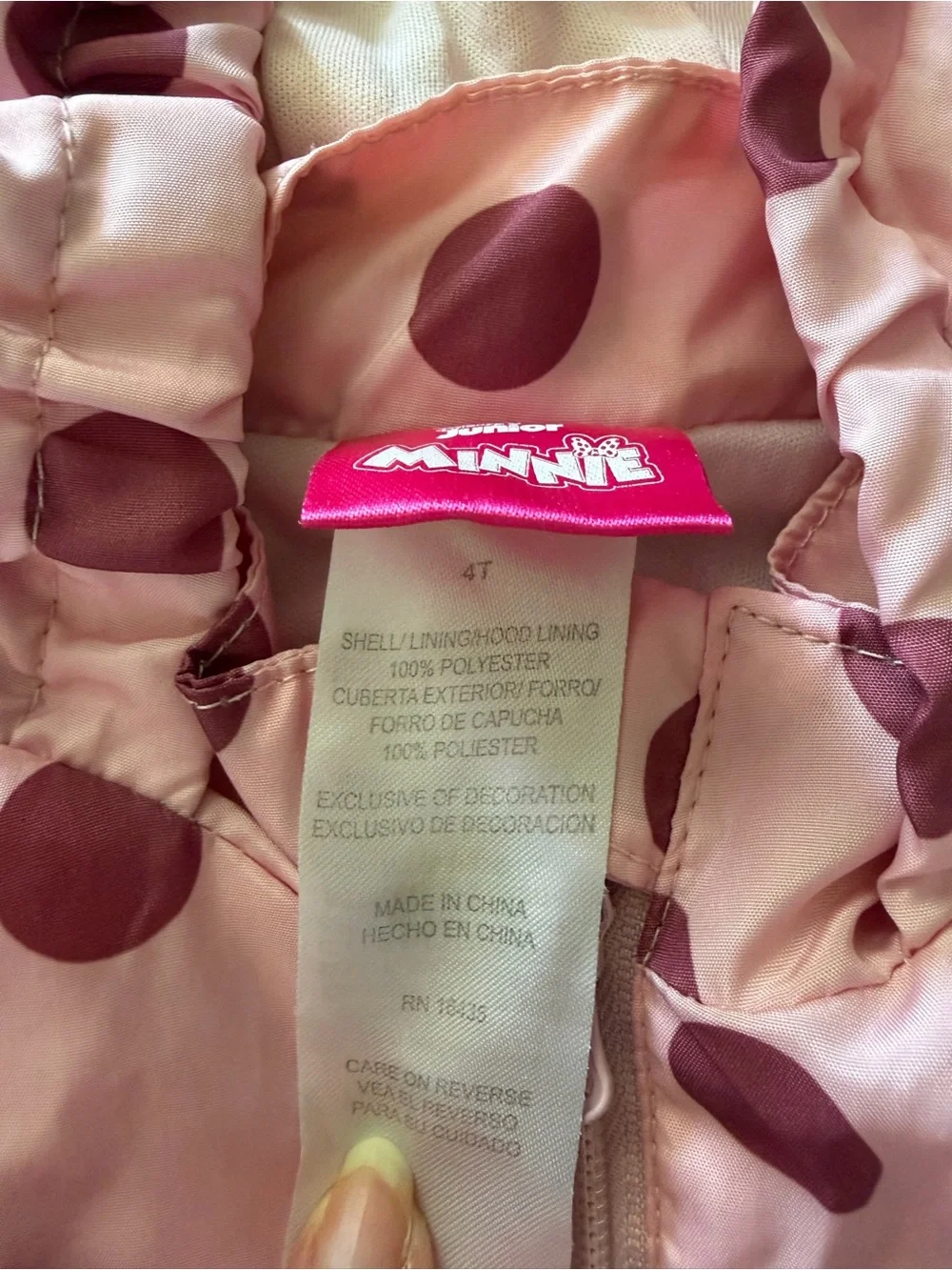 Disney Jr. Minnie Mouse Pink with Polka Dots Rain Jacket Coat Size 4T